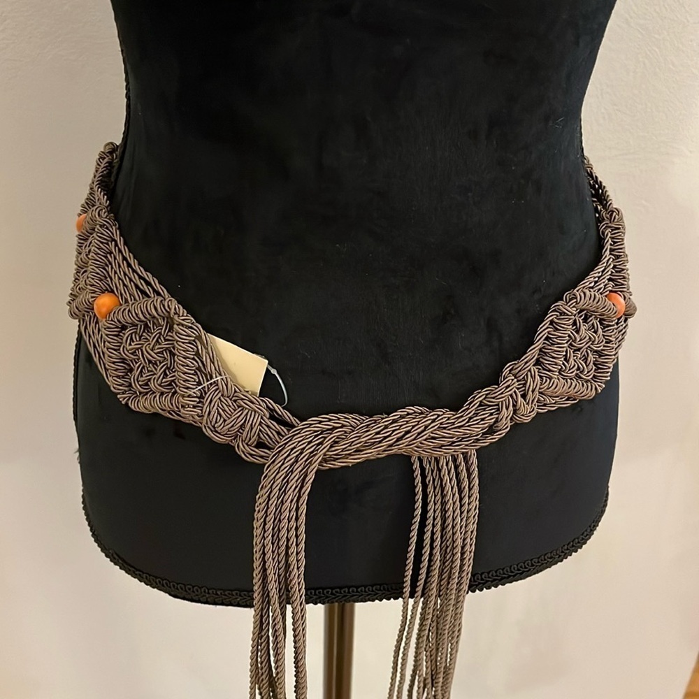 NWT Coldwater Creek Beaded Cord Belt, size S/M, brown macrame w orange beads